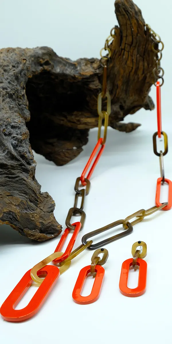 Horn and orange lacquer chain on driftwood