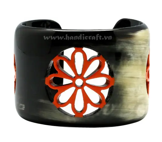 Horn Cuff Bracelet with Lacquer Flowers HD00372, handmade buffalo horn jewelry