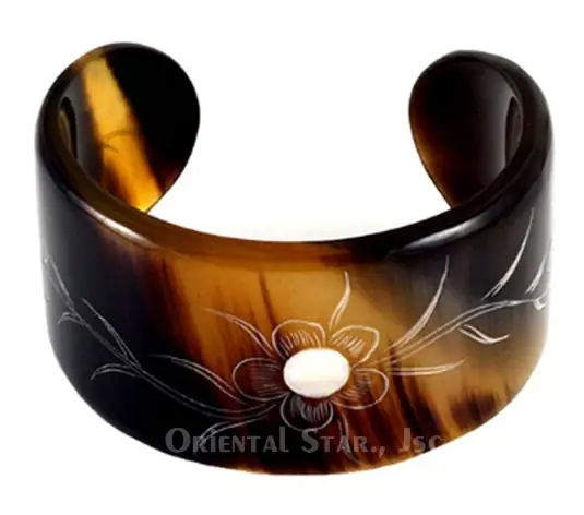 Horn Cuff Bracelet with Seashell Inlay HD00376, handmade buffalo horn jewelry