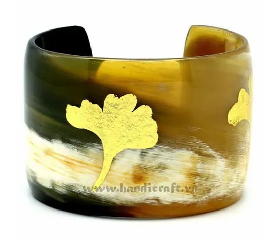 Horn Cuff Bracelet with Golden Leave Lacquer HD00476, handmade buffalo horn jewelry