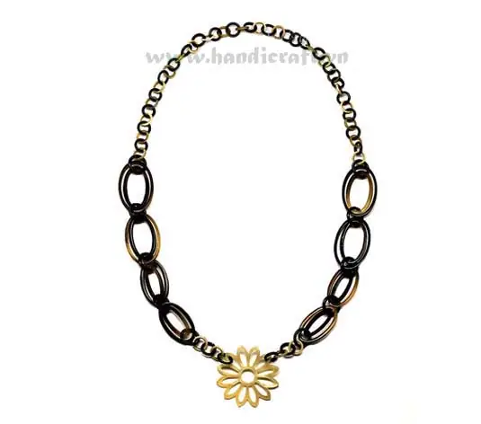Dark Horn with Large Flower Pendant HD10092, handmade buffalo horn jewelry