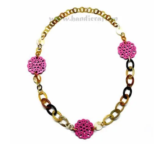 Oval Horn Link with Pink Lacquer Flowers HD10164, handmade buffalo horn jewelry