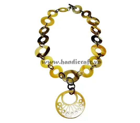 Round Horn with Large Carved Round Pendant HD10599, handmade buffalo horn jewelry